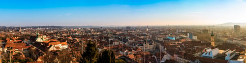 Preview: Wide panorama of Graz City from castle hill Schlossberg, Travel destination.