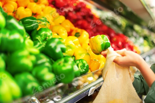 Preview: Woman chooses fruits and vegetables at farmers market. Zero waste, plastic free concept. Sustainable
