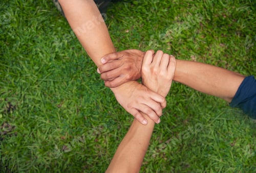 Preview: Close up hands Diverse multiethnic Partners team together. Teamwork group of multiracial people