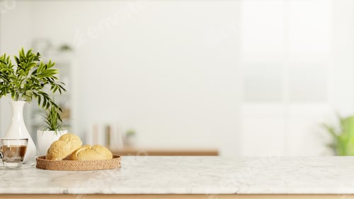 Preview: Bread plate and coffee cup with white vase on marble counter table across window wall in living room