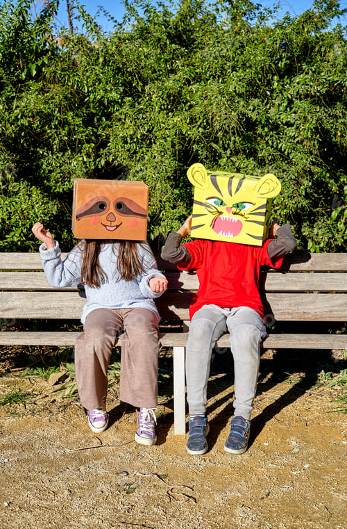 Preview: Children with heads in a cardboard box, decorated it to look like animals