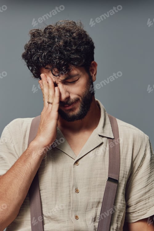 Preview: Isolated man hand white face expression background guy portrait person adult young