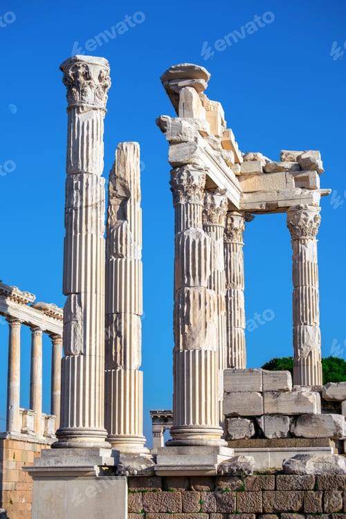 Preview: Ruins of the Temple of Trajan on a background of blue sky. Bergama, Turkey.