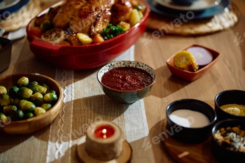 Preview: Thanksgiving table setting with variety of homemade food.