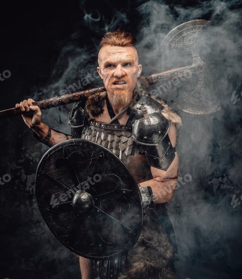 Preview: Violent viking with shield and axe posing in smoke