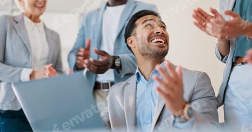 Preview: Business people, celebration and applause for man on laptop in office. Success, congratulations and