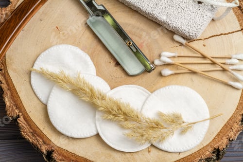 Preview: Top view cotton pads with straight razor and earsticks.