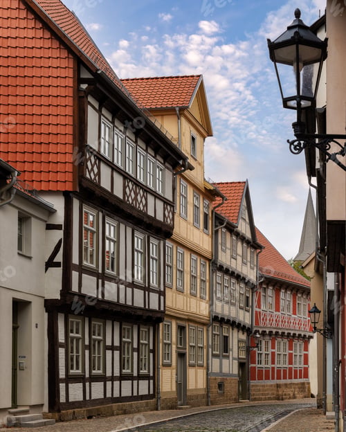 Preview: Cobblestone street in Quedlinburg lined with historical buildings