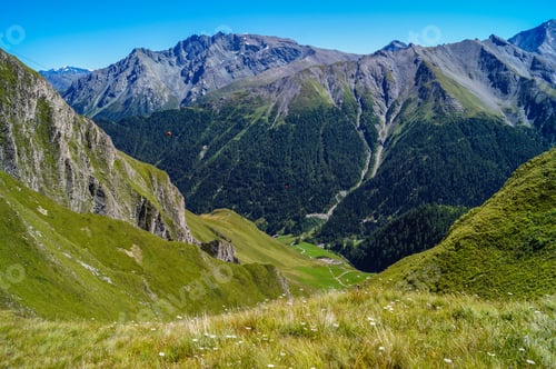 Preview: Scenic alpine landscape featuring majestic mountains. Silvretta High Alpine Road, Switzerland.
