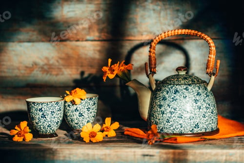 Preview: Stiil life with flowers in vintage teapot and cups