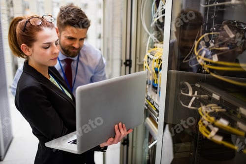 Preview: Technicians using laptop while analyzing server