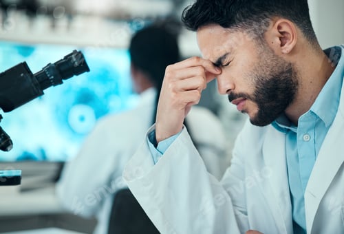 Preview: Stress, man or tired scientist with headache in a laboratory with burnout, migraine or bad head pai