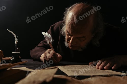 Preview: senior abbot writing manuscript on parchment isolated on black