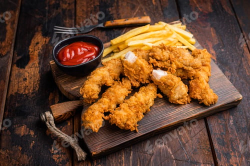 Preview: Homemade Deep Fried chicken strips, breast fillet on wooden board. wooden background. top view