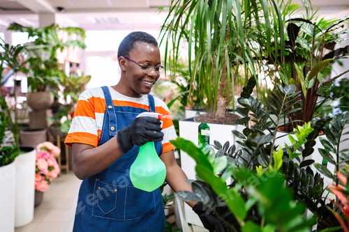 Preview: Smiling African American Woman Florist Spraying Plants in Flower Shop