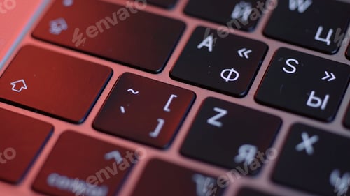 Preview: Close up of buttons on computer keyboard, macro background. Action. Black modern laptop buttons
