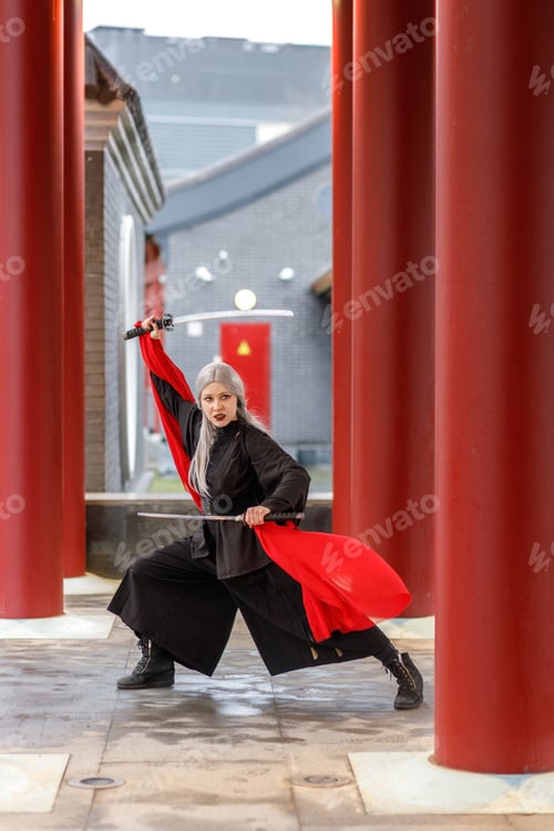 Preview: A warrior girl in a Chinese costume practices wushu with weapons in an open area.National martial.