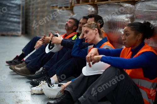 Preview: Warehouse workers taking break feeling tired and exhausted
