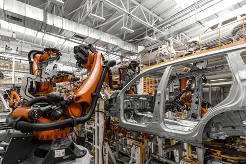 Preview: Photo of automobile production line. Welding car body. Modern car assembly plant. Auto industry