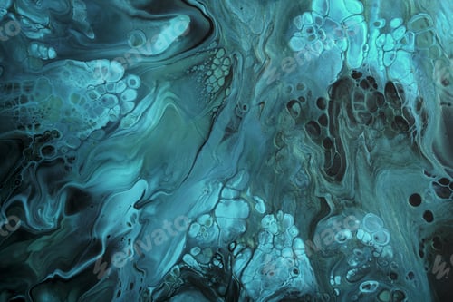 Preview: Fluid Art. Green and blue abstract waves with golden particles on black background. Marble effect