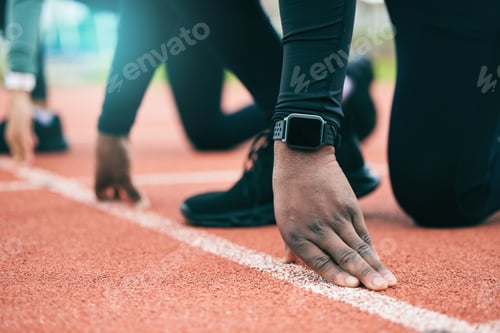 Preview: Athlete, runner and fitness person at start of a race on a sports track for exercise, workout or fi