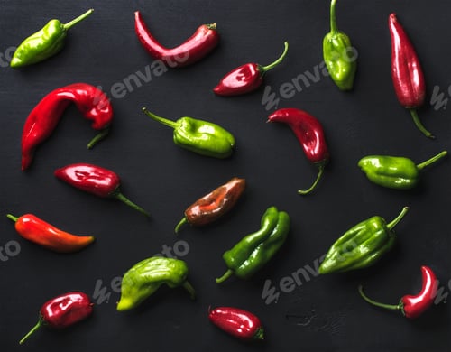 Preview: Pattern of small colorful hot chili peppers on black background