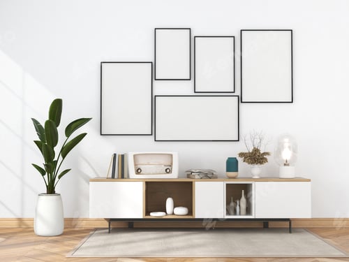 Preview: living room interior with wooden sideboard and mock up frame 3D rendering
