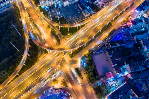 Preview: beautiful night traffic scene, aerial view of city interchange