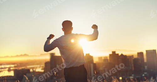 Preview: Man, motivation and sunset with exercise, training and city for fitness or cardio workout. Athlete,
