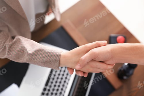 Preview: Business partners shaking hands at table after meeting in office, closeup
