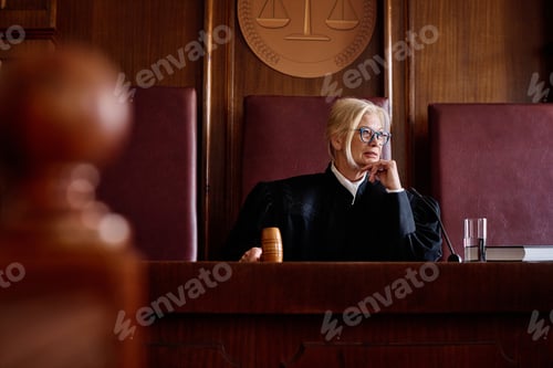 Preview: Serious blond woman in black mantle hitting wooden gavel on sounding block