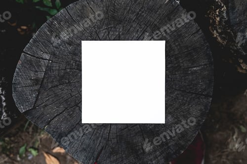 Preview: creative layout copy space with white card frame on a wooden cut tree texture top view f