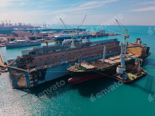 Preview: Shipyard with dry dock and large ship under construction