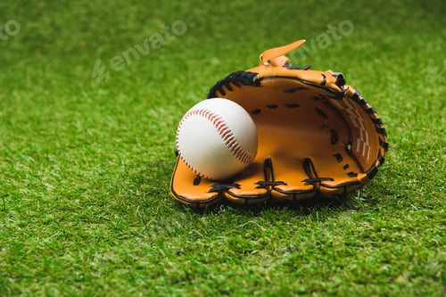 Preview: Close-up view of leather baseball glove and ball on green grass