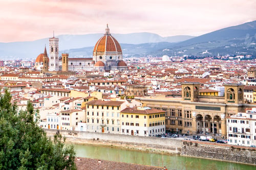 Preview: Panoramic skyline of Florence with the Duomo cathedral and Giotto bell tower at sunset, Italy