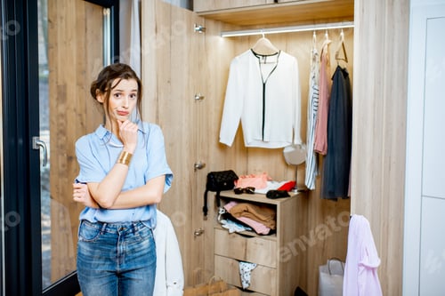 Preview: Woman Indecisive About Outfit Choice at Home