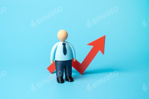 Preview: Office worker and red arrow on graph pointing up. Increase in workers' wages.