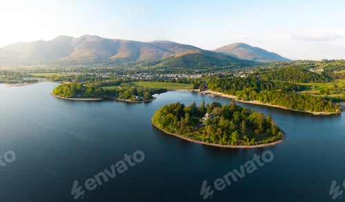 Preview: Aerial landscape of Derwent Isle off the shore of Keswick on Derwent Water lake in the Lake District