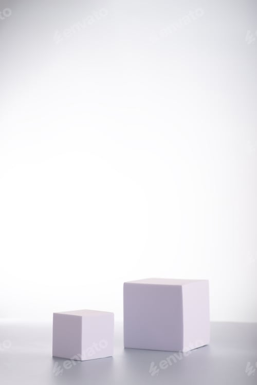 Preview: White square podiums in sunlight with shadow on white background. Trend fashion showcase