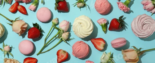 Preview: Macaroons, marshmallows, flowers and strawberry on blue background