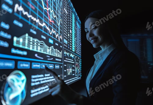 Preview: The business woman works with graphics on a sensor screen.