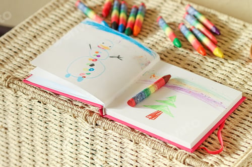 Preview: On a wicker box are a sketchbook and crayons of a little girl who drew