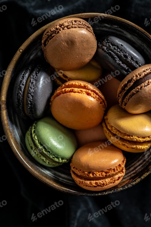 Preview: Colorful sweet macaron dessert. Top view.