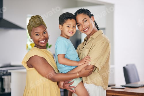 Preview: LGBTQ, child or couple hug, portrait and happy queer family, non binary partner or transgender mom