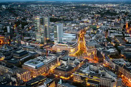 Preview: View of Frankfurt from a skyscraper at sunset, Germany