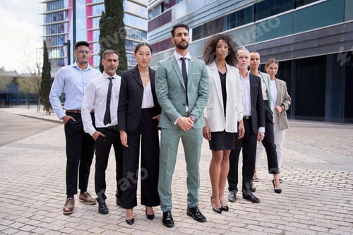 Preview: Team portrait diverse successful professional team posing standing serious outside office building.