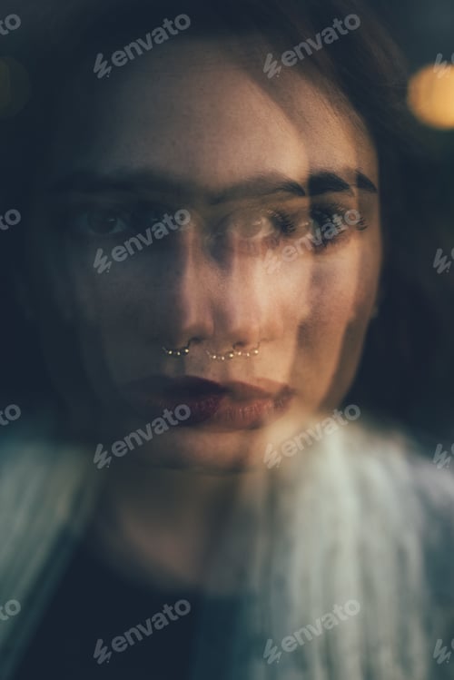 Preview: Double exposure portrait of young beautiful caucasian woman with septum piercing