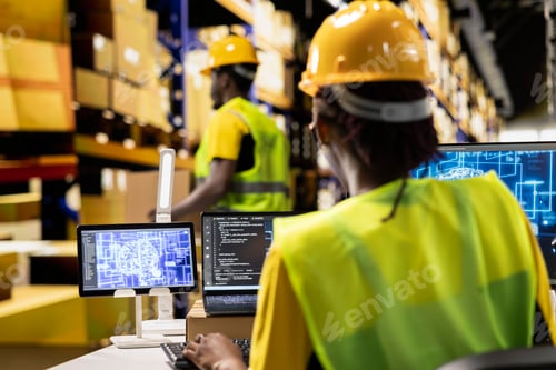 Preview: Female warehouse staff overseeing order fulfillment with AI brain support