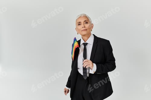 Preview: Confident Mature Lesbian in Stylish Attire With Pride Flag