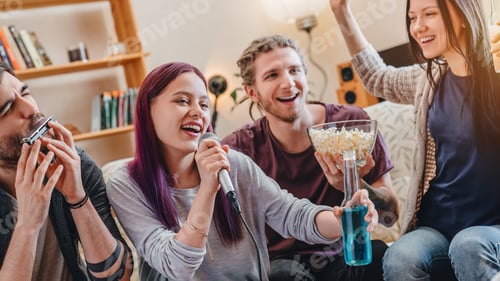 Preview: Group of friends playing karaoke at home